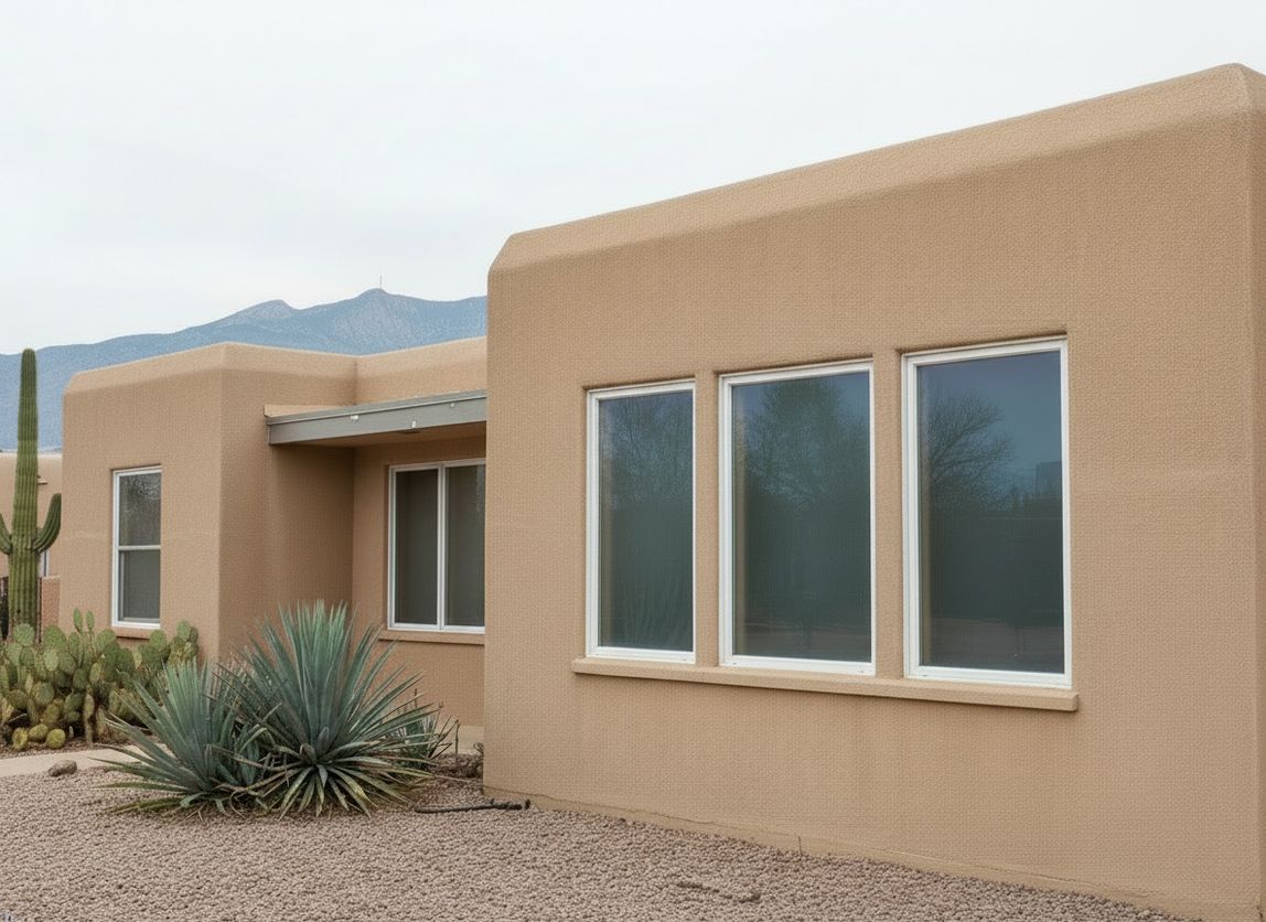 The same Albuquerque home with new white vinyl double-pane windows, crystal-clear glass, and clean stucco after window replacement